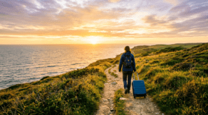 Person walking on a coastal trail pulling a blue suitcase with ocean and sunset in the background