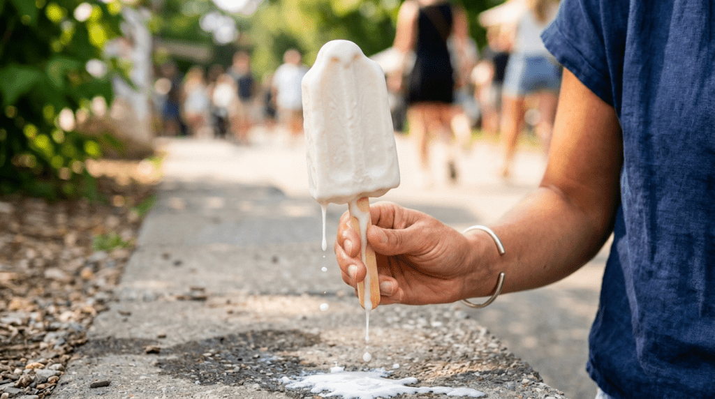 Hand holding a melting multi-colored fruit popsicle with drops falling